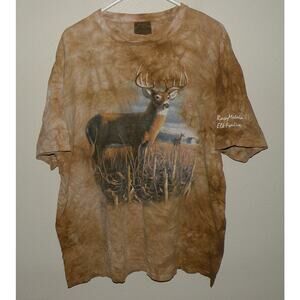 The Mountain Men’s XL SS T-Shirt Tan Tie Dye Whitetail Deer RMEF Made USA